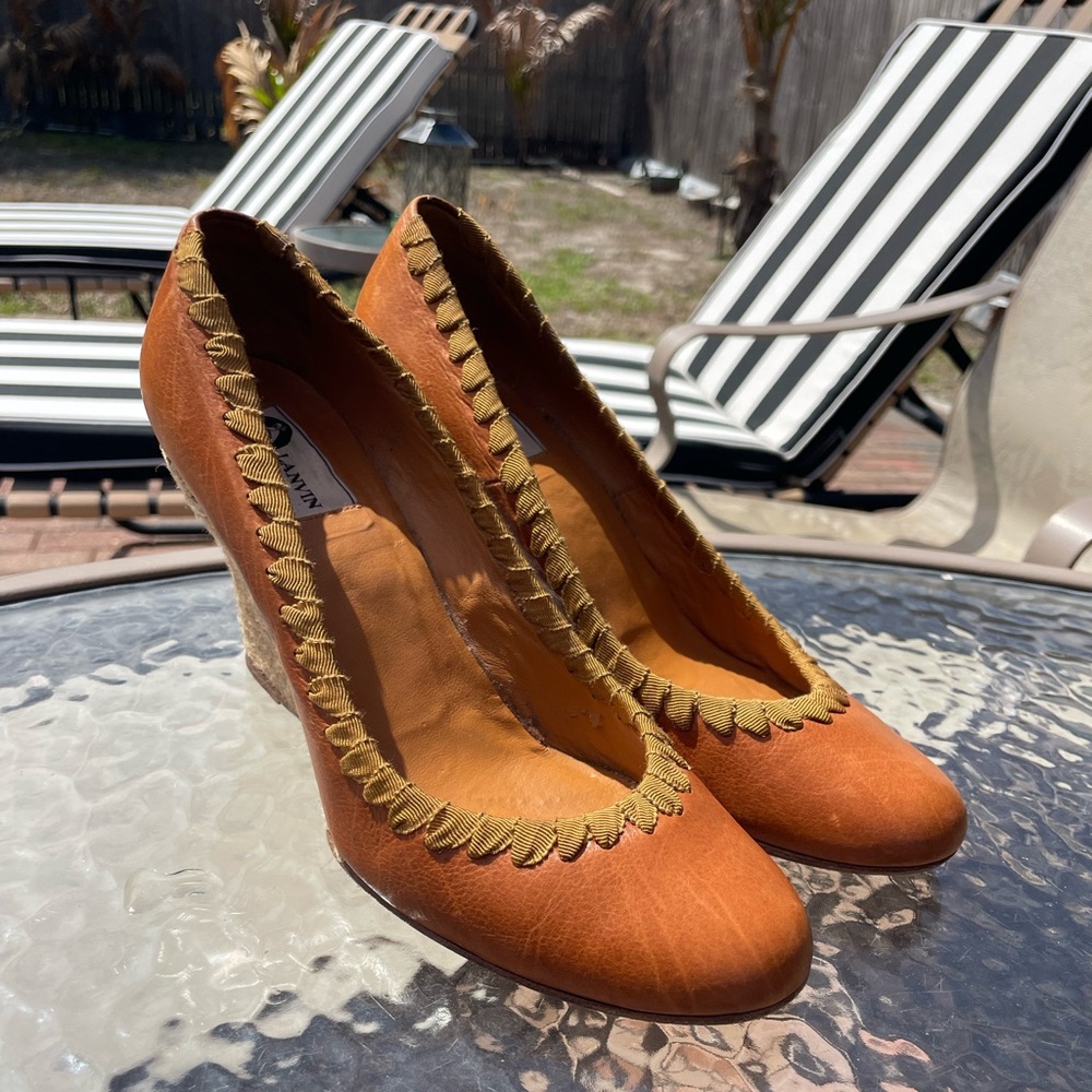 Lanvin Brown Grosgrain Stitched Leather Wedge Pump Size 38 - Picture 12 of 15